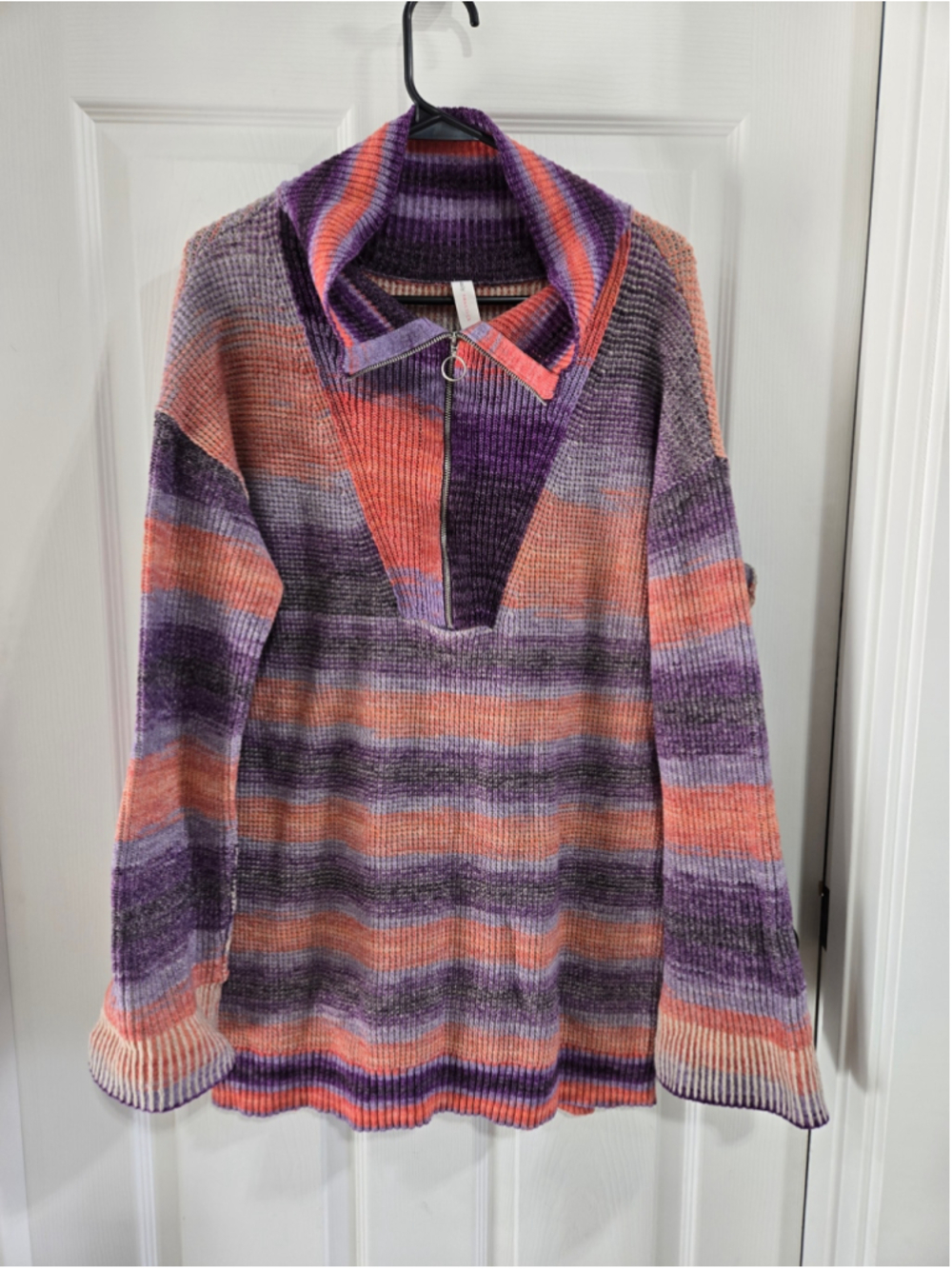 Daily Practice Zip-Neck Sweater, Size M, Purple and Orange Striped